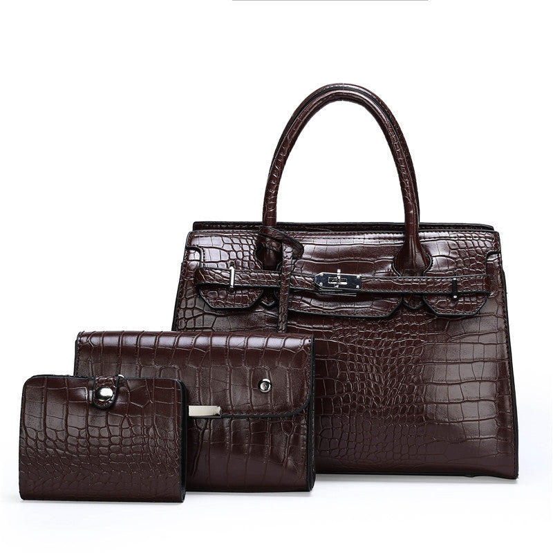 Lock Tote Croc Pattern Handbag Three Piece Set - HipHatter