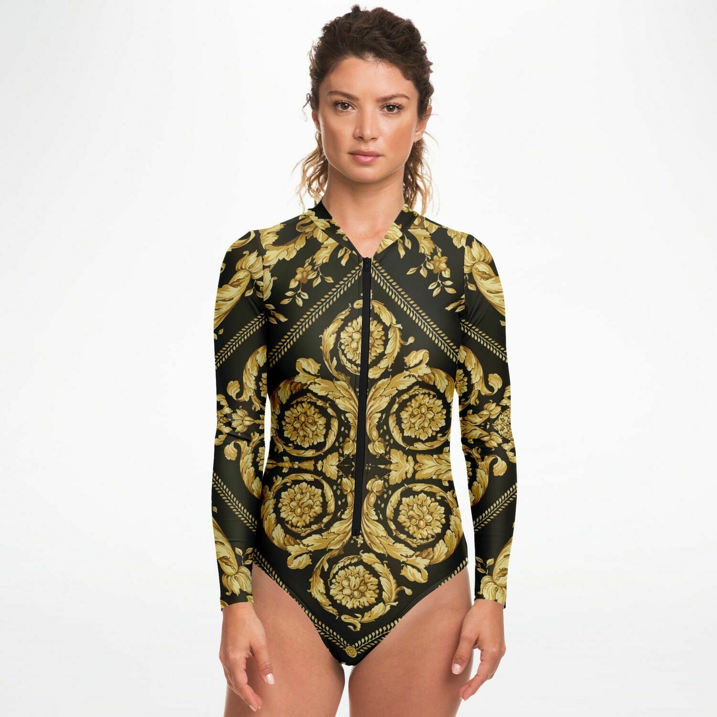 Womens Baroque Print Gold Scarf Print Long Sleeve Body Suit - HipHatter