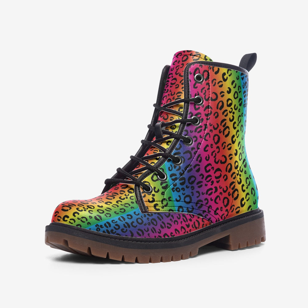 Rainbow Leopard Casual Leather Combat Boots - HipHatter