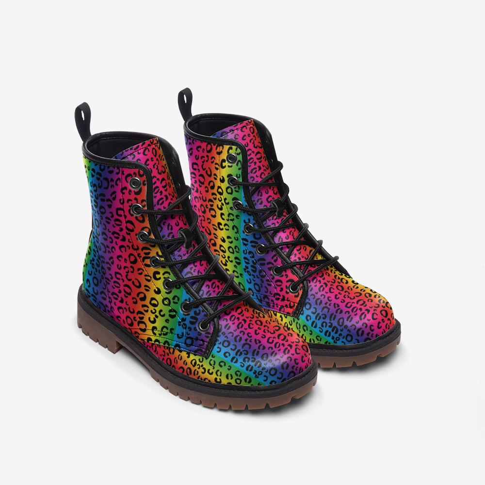 Rainbow Leopard Casual Leather Combat Boots - HipHatter