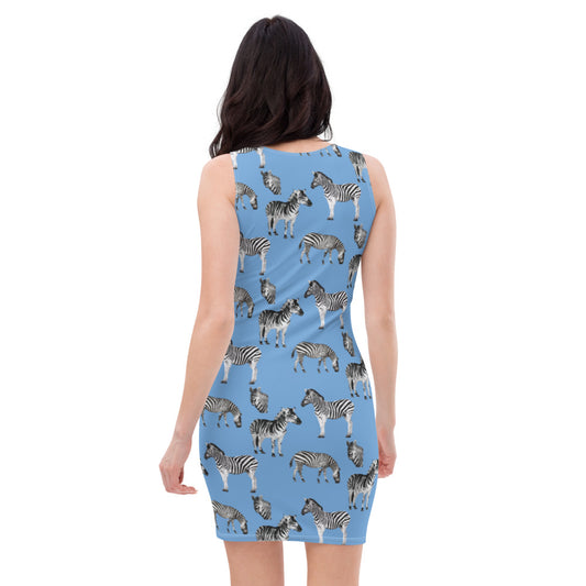Sky Blue Safari Zebra Jersey Bodycon  Dress - HipHatter