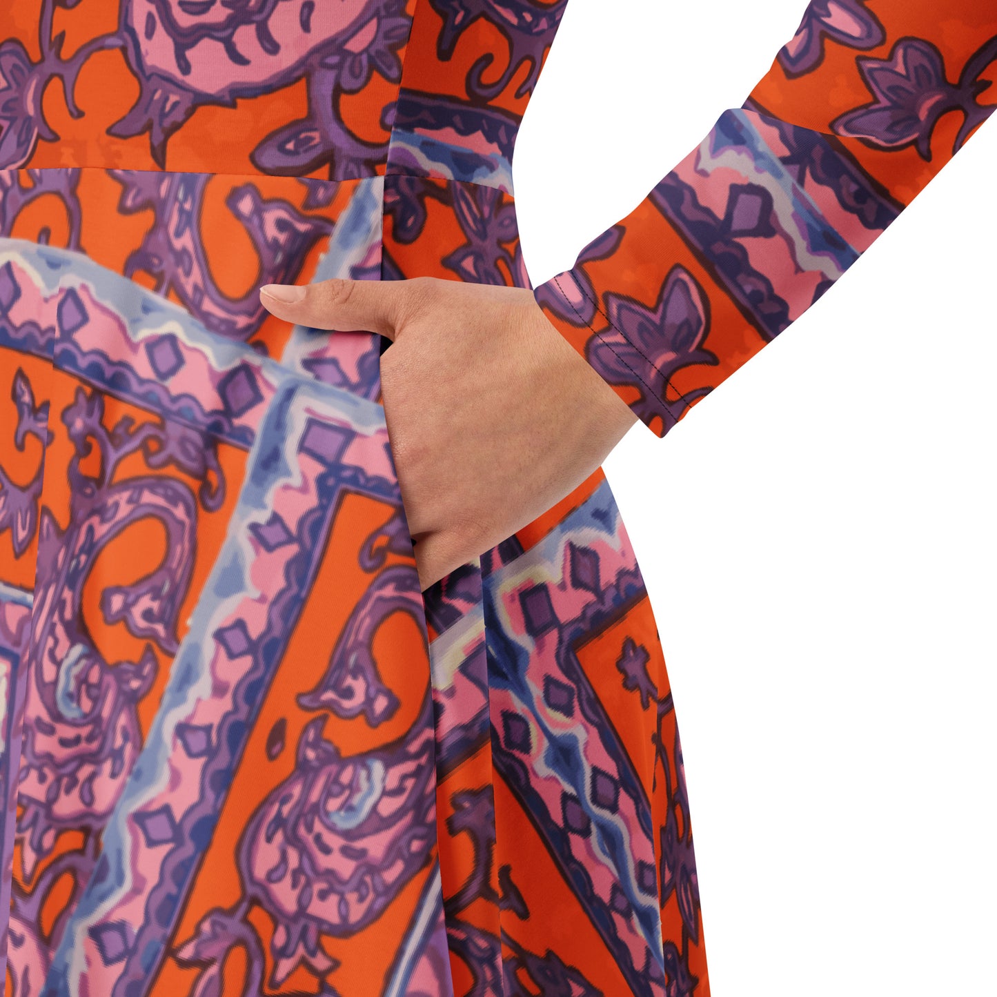 Orange Paisley Print All-over print long sleeve midi dress - HipHatter