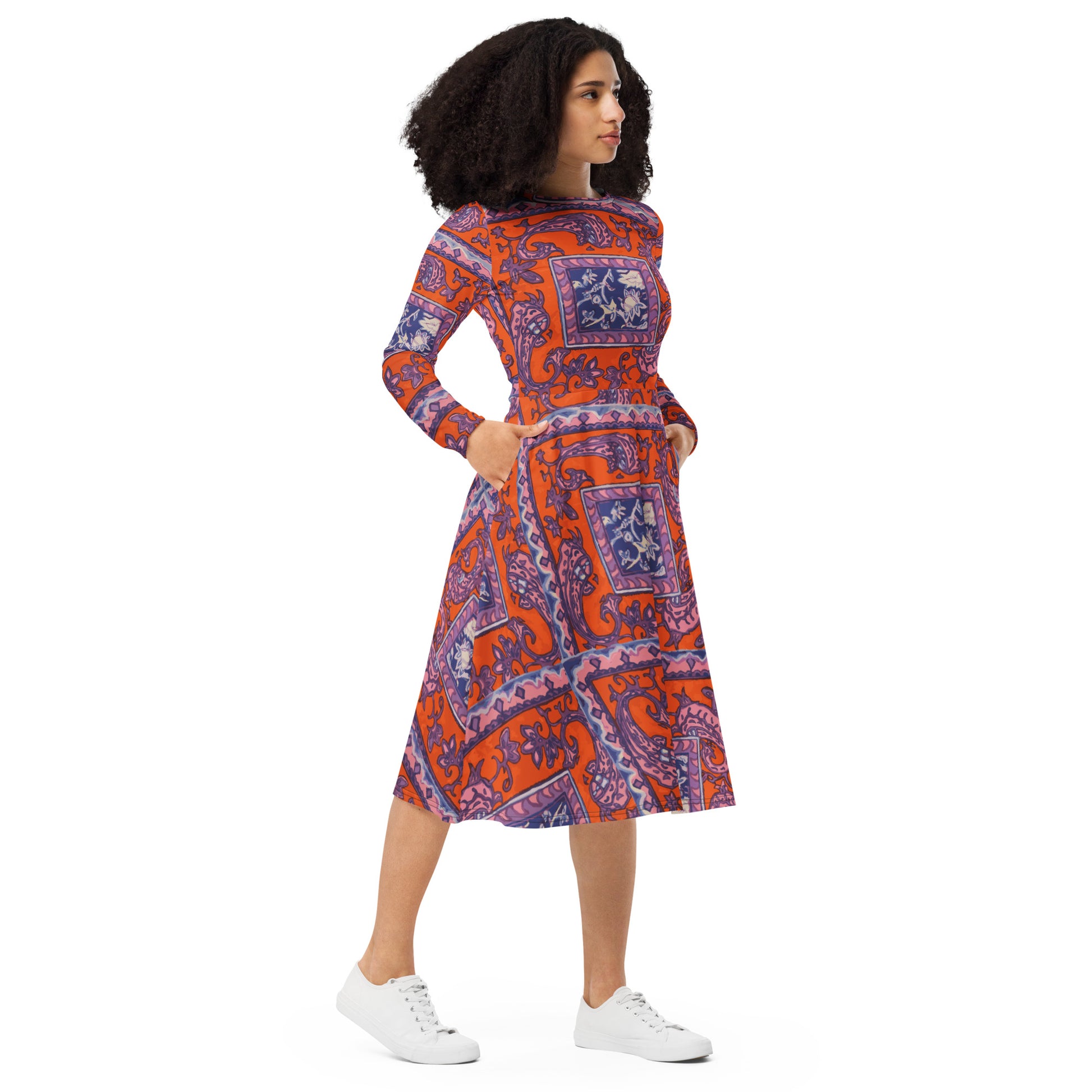 Orange Paisley Print All-over print long sleeve midi dress - HipHatter