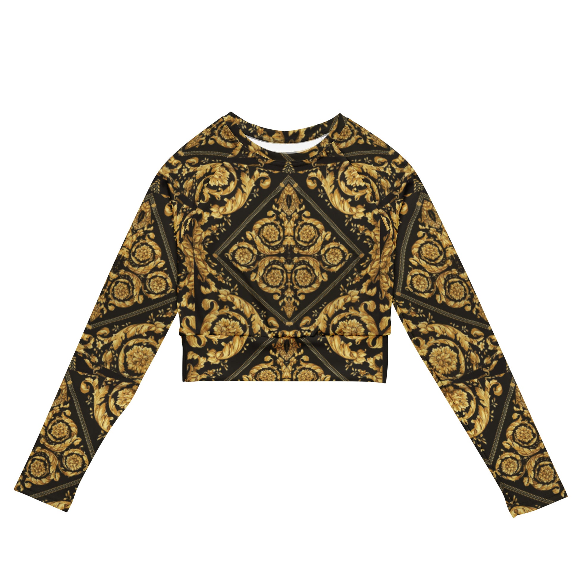 Gold and Black Baroque Print Recycled long-sleeve crop top - Hip-Hatter