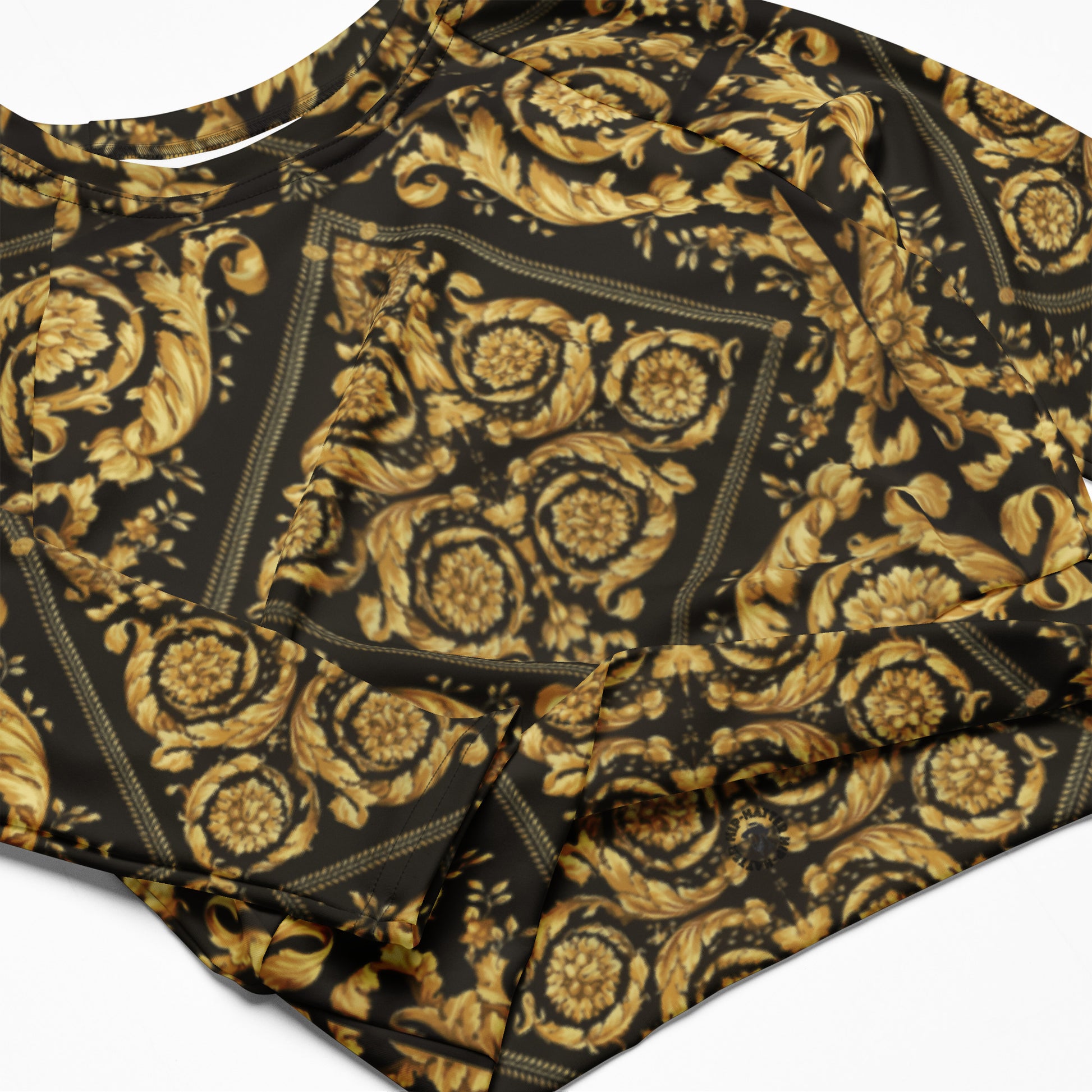 Gold and Black Baroque Print Recycled long-sleeve crop top - Hip-Hatter