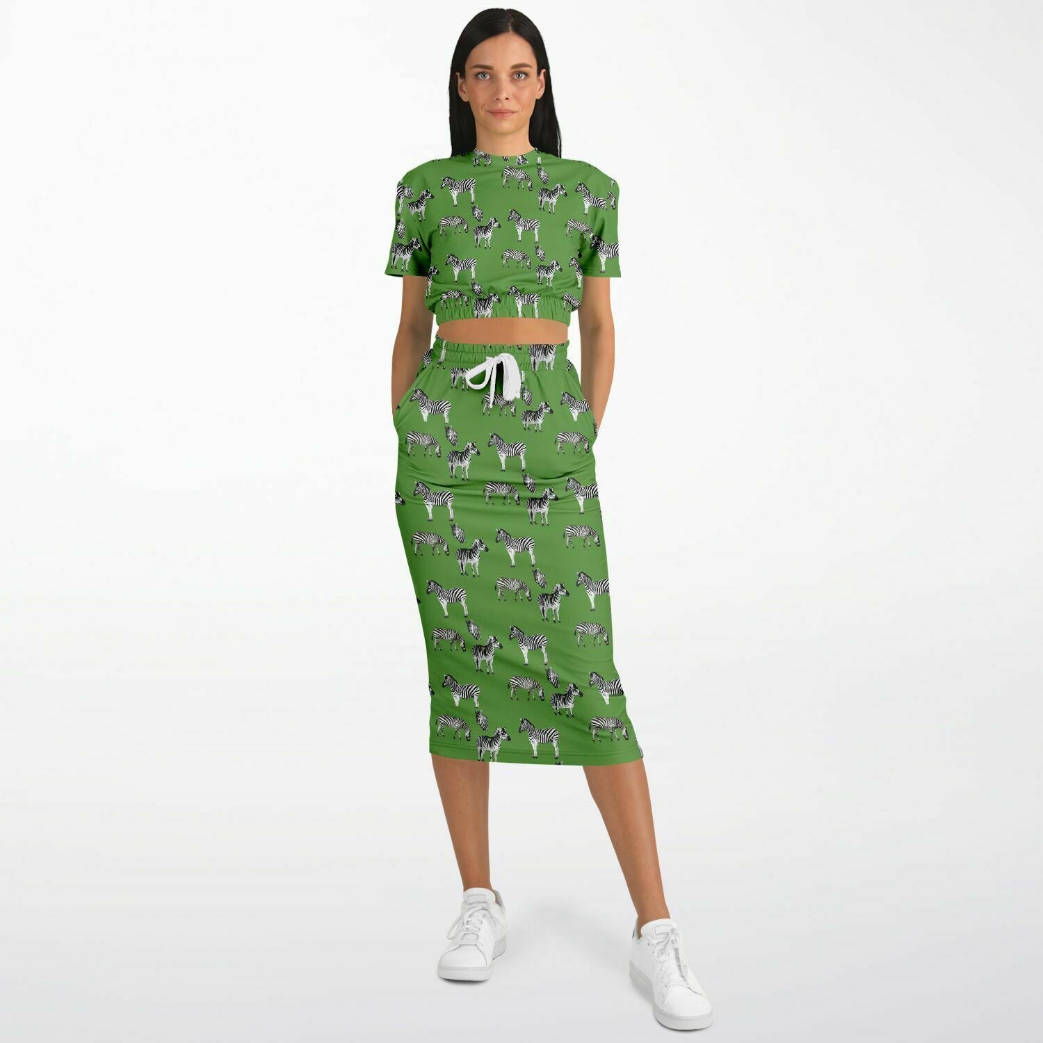 Safari Zebra on Green Grass Fashion Cropped Short Sleeve Sweatshirt and Long Pocket Skirt Set - Hip-Hatter