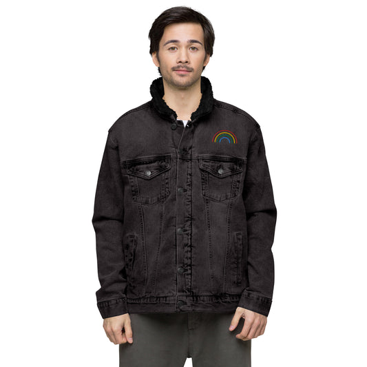 Rainbow Full Embroidered Black Denim Sherpa Jacket - HipHatter